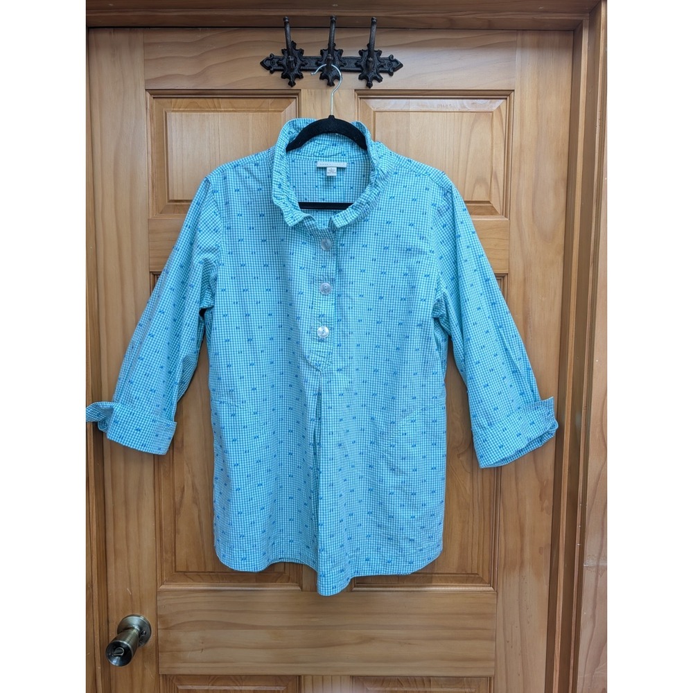 Appleseed's Women's Large Gingham Shirt Top Button Down Front 3/4 Sleeves
